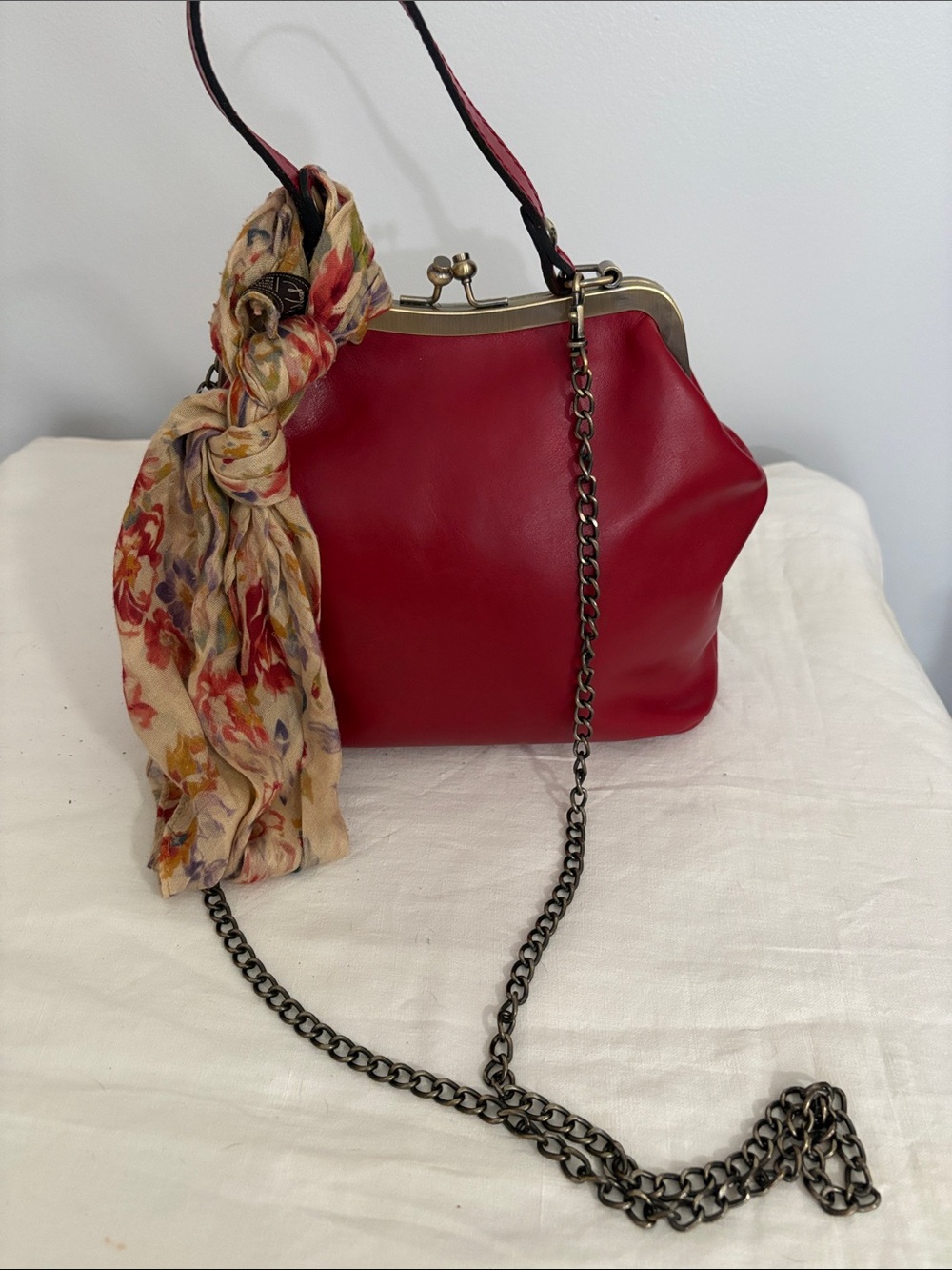 Patricia Nash Red Leather Frame-Top Shoulder Bag with Chain Strap